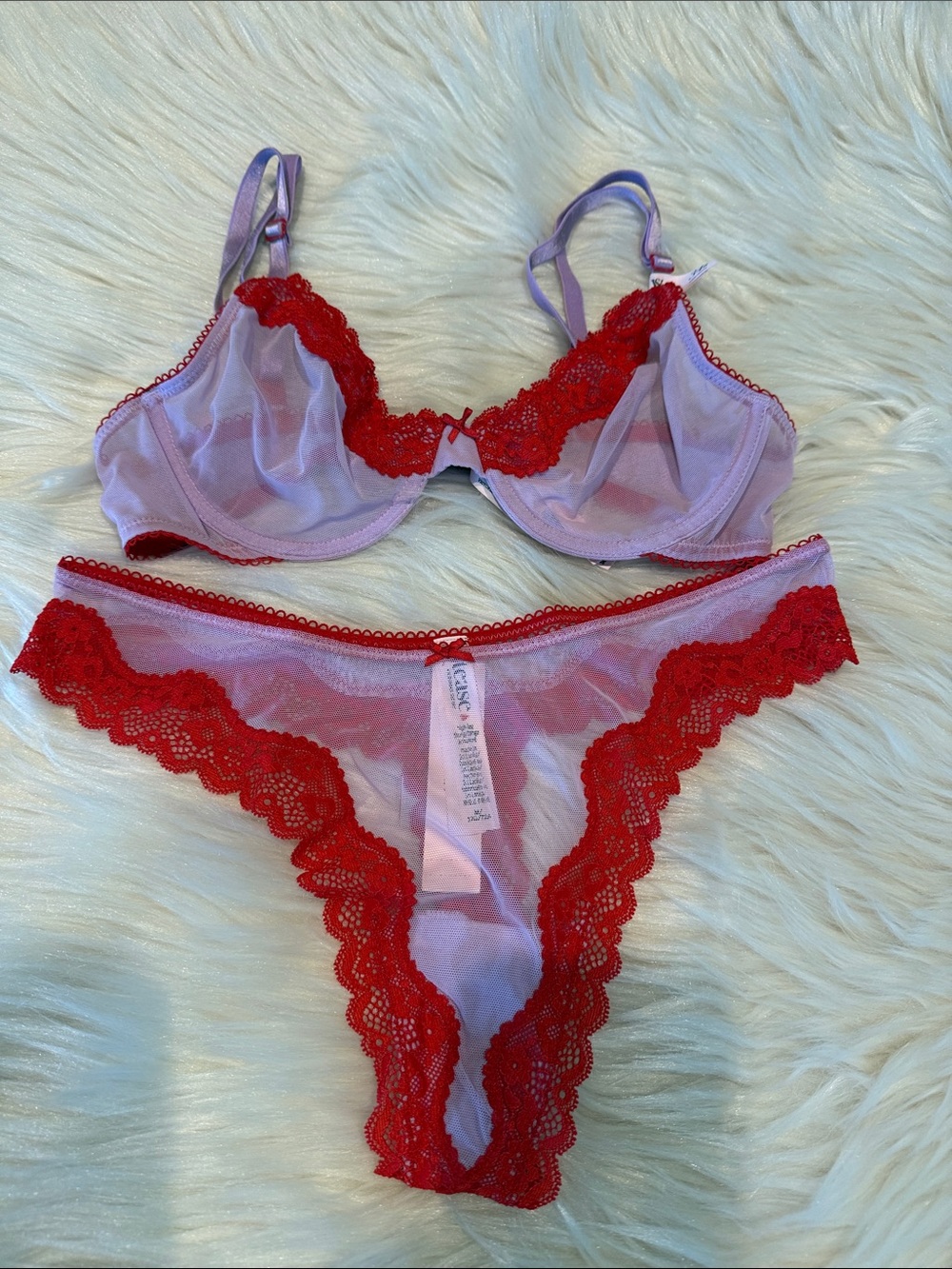 VICTORIA'S SECRET Tease Mesh Lace Bra & Thong Set Sheer Lilac Red 34B Med NWT